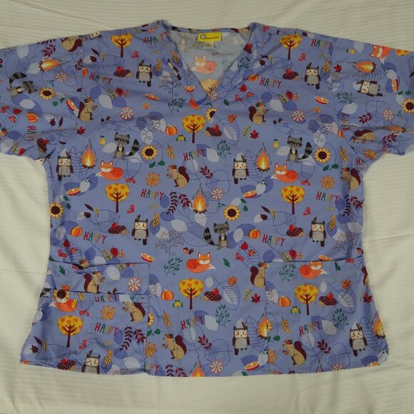 WONDERWINK FALL OWL FOX CAMPFIRE FLOWERS WOMENS XL PURPLE SCRUP TOP SHIRT K804 - Picture 1 of 7